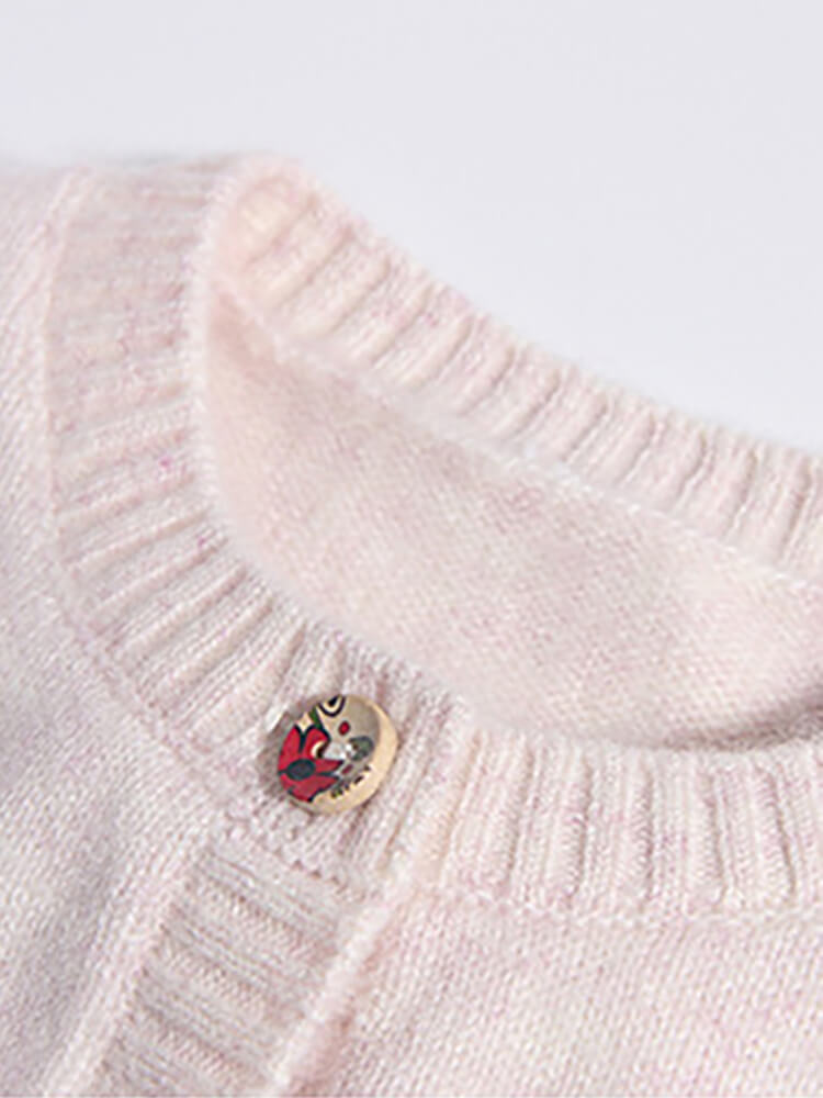 Blush Pink Flower Embroidered Girl Cashmere Button-Down Cardigan